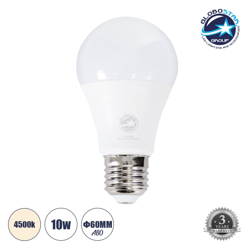 GLOBOSTAR® GLOBE 60046 Λάμπα E27 A60 LED 10W 970lm 260° AC 220-240V IP20 Φυσικό Λευκό 4500K Dimmable - Lumileds SMD Chip - Λευκό Γαλακτερό - Μ6 x Π6 x Υ11cm - 3 Χρόνια Εγγύηση
