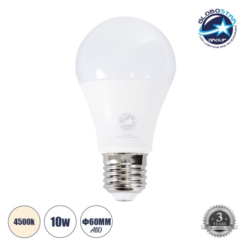 GLOBOSTAR® GLOBE 60046 Λάμπα E27 A60 LED 10W 970lm 260° AC 220-240V IP20 Φυσικό Λευκό 4500K Dimmable - Lumileds SMD Chip - Λευκό Γαλακτερό - Μ6 x Π6 x Υ11cm - 3 Χρόνια Εγγύηση