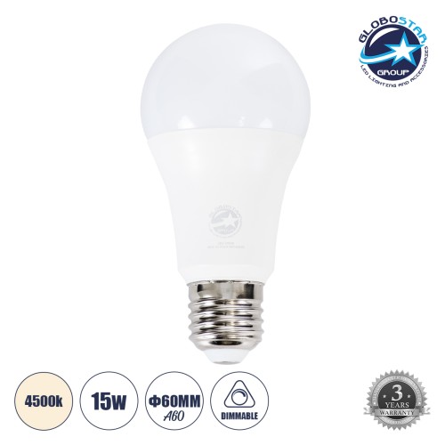 GLOBOSTAR® GLOBE 60049 Λάμπα E27 A60 LED 15W 1455lm 260° AC 220-240V IP20 Φυσικό Λευκό 4500K Dimmable - Lumileds SMD Chip - Λευκό Γαλακτερό - Μ6 x Π6 x Υ11.9cm - 3 Χρόνια Εγγύηση