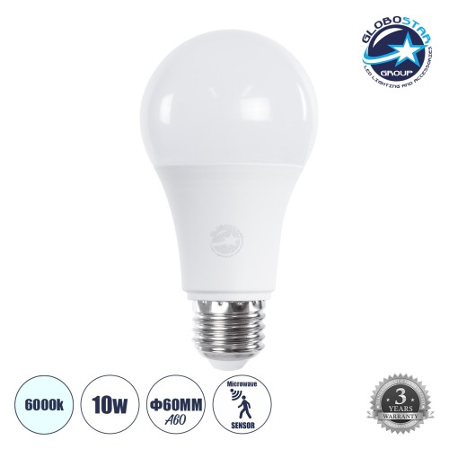 GLOBOSTAR® GLOBE 60054 Λάμπα E27 A60 με Αισθητήρα Κίνησης Microwave LED 10W 1000lm 260° AC 220-240V IP20 Ψυχρό Λευκό 6000K - Lumileds SMD Chip - Λευκό Γαλακτερό - Μ6 x Π6 x Υ11cm - 3 Χρόνια Εγγύηση