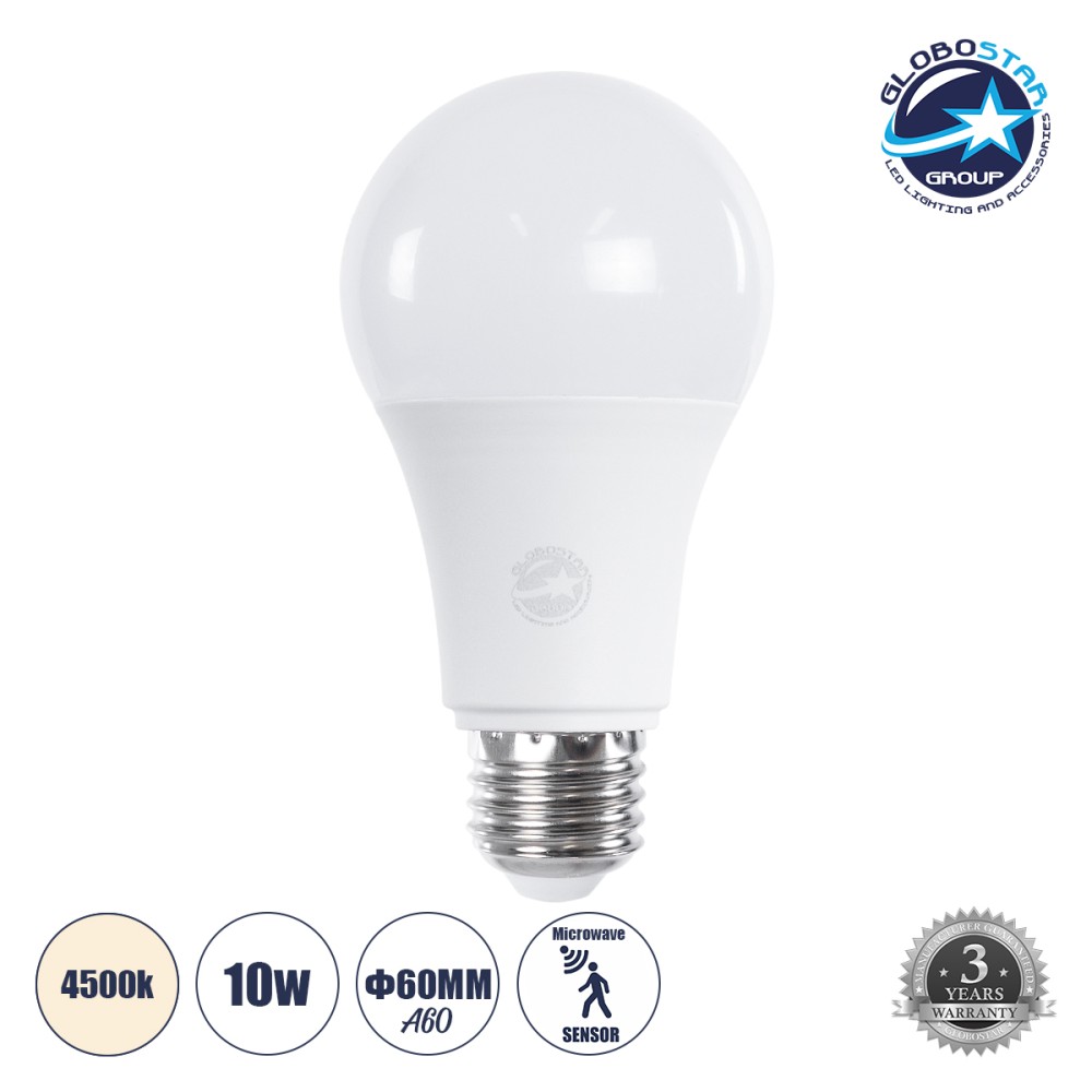 GLOBOSTAR® GLOBE 60055 Λάμπα E27 A60 με Αισθητήρα Κίνησης Microwave LED 10W 970lm 260° AC 220-240V IP20 Φυσικό Λευκό 4500K - Lumileds SMD Chip - Λευκό Γαλακτερό - Μ6 x Π6 x Υ11cm - 3 Χρόνια Εγγύηση