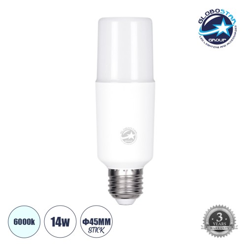 GLOBOSTAR® STICK 60057 Λάμπα E27 LED 14W 1624lm 260° AC 220-240V Αδιάβροχο IP54 Ψυχρό Λευκό 6000K - Lumileds SMD Chip - Λευκό Γαλακτερό - Μ4.5 x Π4.5 x Υ13.7cm - 3 Χρόνια Εγγύηση