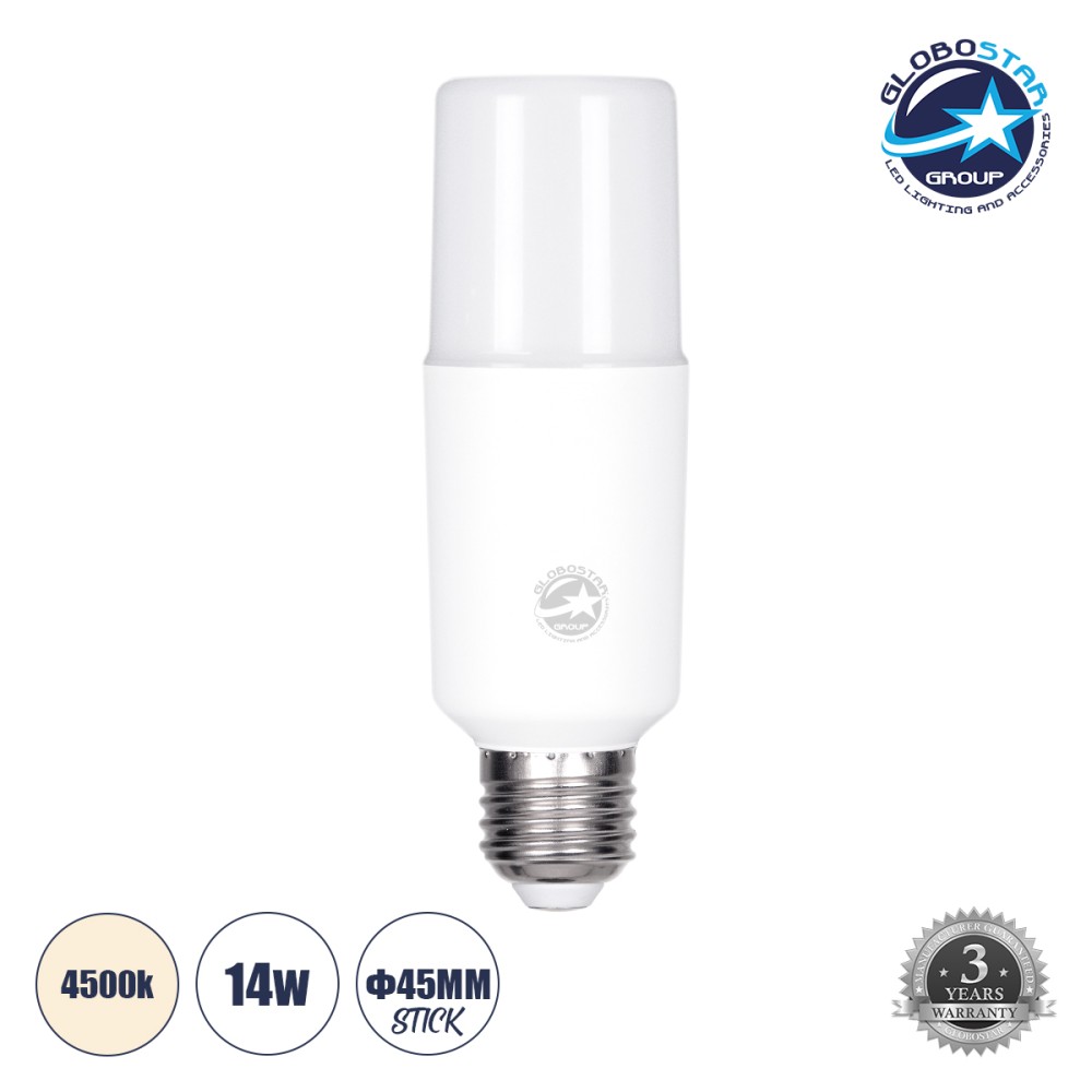 GLOBOSTAR® STICK 60058 Λάμπα E27 LED 14W 1582lm 260° AC 220-240V Αδιάβροχο IP54 Φυσικό Λευκό 4500K - Lumileds SMD Chip - Λευκό Γαλακτερό - Μ4.5 x Π4.5 x Υ13.7cm - 3 Χρόνια Εγγύηση