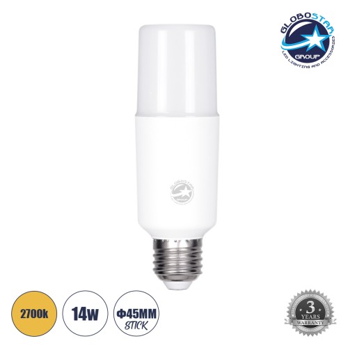 GLOBOSTAR® STICK 60059 Λάμπα E27 LED 14W 1540lm 260° AC 220-240V Αδιάβροχο IP54 Θερμό Λευκό 2700K - Lumileds SMD Chip - Λευκό Γαλακτερό - Μ4.5 x Π4.5 x Υ13.7cm - 3 Χρόνια Εγγύηση