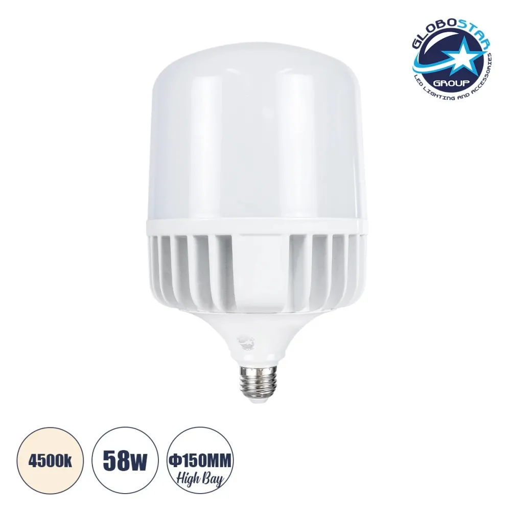 GLOBOSTAR® HIGHBAY 60067 Λάμπα E27 LED 58W 6790lm 260° AC 220-240V Αδιάβροχο IP44 Φυσικό Λευκό 4500K - Lumileds SMD Chip - Λευκό Γαλακτερό - Μ15 x Π15 x Υ24cm - 3 Χρόνια Εγγύηση