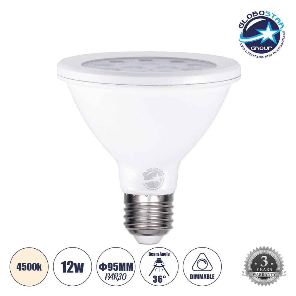 GLOBOSTAR® SPOTPAR 60085 Σποτ E27 PAR30 LED 12W 1164lm 36° AC 220-240V IP20 Φυσικό Λευκό 4500K - Μ9.5 x Π9.5 x Υ9.5cm - 3 Χρόνια Εγγύηση