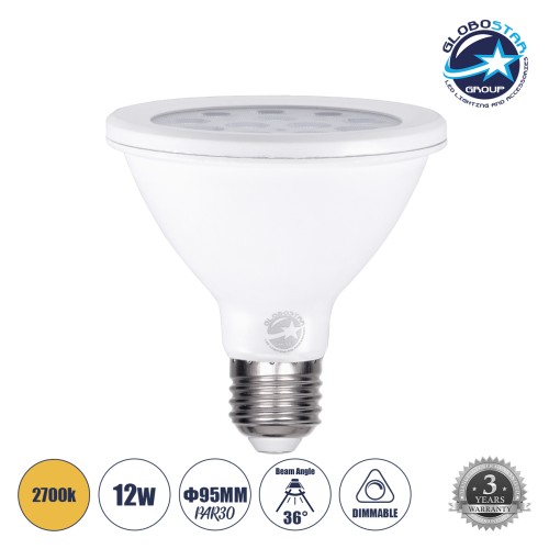 GLOBOSTAR® SPOTPAR 60086 Σποτ E27 PAR30 LED 12W 1128lm 36° AC 220-240V IP20 Θερμό Λευκό 2700K - Μ9.5 x Π9.5 x Υ9.5cm - 3 Χρόνια Εγγύηση