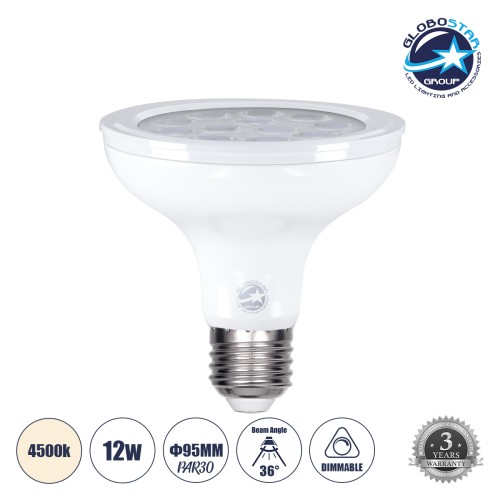 GLOBOSTAR® SPOTPAR 60091 Σποτ E27 PAR30 LED 12W 1164lm 36° AC 220-240V IP20 Φυσικό Λευκό 4500K Dimmable - Μ9.5 x Π9.5 x Υ9.5cm - 3 Χρόνια Εγγύηση