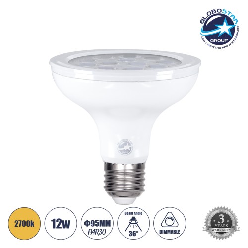 GLOBOSTAR® SPOTPAR 60092 Σποτ E27 PAR30 LED 12W 1128lm 36° AC 220-240V IP20 Θερμό Λευκό 2700K Dimmable - Μ9.5 x Π9.5 x Υ9.5cm - 3 Χρόνια Εγγύηση