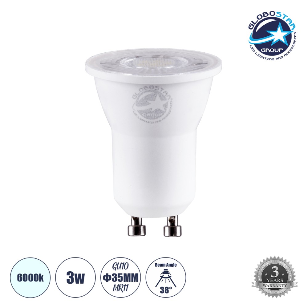 GLOBOSTAR® TINO 60111 Σποτ GU10 MR11 LED 3W 330lm 38° AC 220-240V IP20 Ψυχρό Λευκό 6000K - Bridgelux SMD Chip - Μ3.5 x Π3.5 x Υ4cm - 3 Χρόνια Εγγύηση