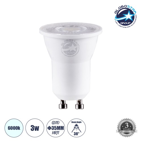 GLOBOSTAR® TINO 60111 Σποτ GU10 MR11 LED 3W 330lm 38° AC 220-240V IP20 Ψυχρό Λευκό 6000K - Bridgelux SMD Chip - Μ3.5 x Π3.5 x Υ4cm - 3 Χρόνια Εγγύηση