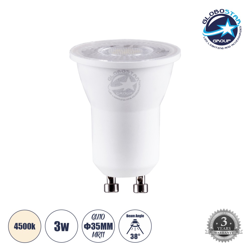 GLOBOSTAR® TINO 60112 Σποτ GU10 MR11 LED 3W 315lm 38° AC 220-240V IP20 Φυσικό Λευκό 4500K - Bridgelux SMD Chip - Μ3.5 x Π3.5 x Υ4cm - 3 Χρόνια Εγγύηση