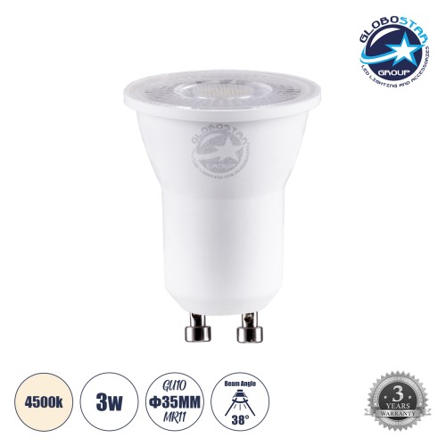 GLOBOSTAR® TINO 60112 Σποτ GU10 MR11 LED 3W 315lm 38° AC 220-240V IP20 Φυσικό Λευκό 4500K - Bridgelux SMD Chip - Μ3.5 x Π3.5 x Υ4cm - 3 Χρόνια Εγγύηση