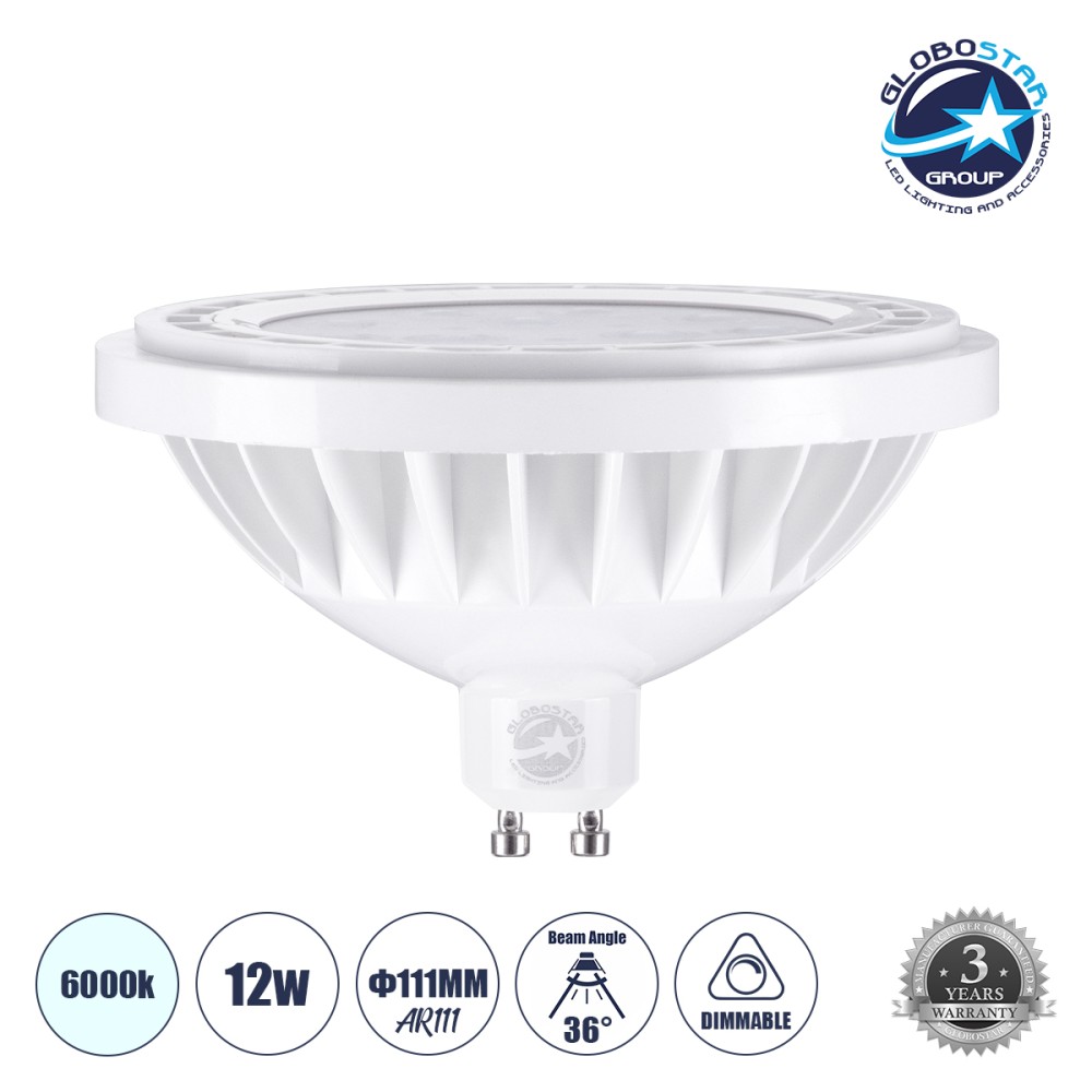 GLOBOSTAR® SPOTAR 60129 Σποτ GU10 AR111 LED 12W 1200lm 36° AC 220-240V IP20 Ψυχρό Λευκό 6000K Dimmable - Μ11 x Π11 x Υ6.6cm - 3 Χρόνια Εγγύηση