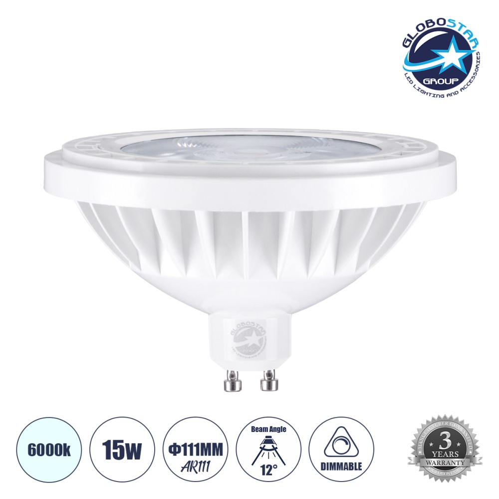 GLOBOSTAR® BEAMAR 60132 Σποτ GU10 AR111 LED 15W 1500lm 12° AC 220-240V IP20 Ψυχρό Λευκό 6000K Dimmable - Μ11 x Π11 x Υ6.6cm - 3 Χρόνια Εγγύηση