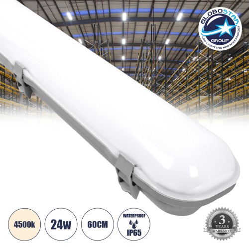 GloboStar® 60171 LED Γραμμικό Βιομηχανικό Φωτιστικό Tri-Proof 60cm 24W 2738lm 120° AC 220-240V Αδιάβροχο IP65 Μ60 x Π10.5 x Υ8cm Φυσικό Λευκό 4500K - 3 Χρόνια Εγγύηση