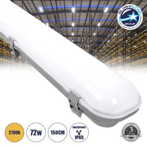 GloboStar® 60178 LED Γραμμικό Βιομηχανικό Φωτιστικό Tri-Proof 150cm 72W 8162lm 120° AC 220-240V Αδιάβροχο IP65 Μ150 x Π10,5 x Υ8cm Θερμό Λευκό 2700K - 3 Χρόνια Εγγύηση