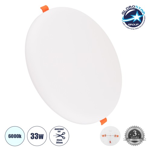 GLOBOSTAR® PANELEON 60191 Χωνευτό Panel Οροφής με Σύστημα Ρυθμιζόμενης Τρύπας Κοπής LED 33W 3590lm 180° AC 220-240V IP20 Ψυχρό Λευκό 6000K - Lumileds SMD Chip & TÜV SÜD Driver - Λευκό Γαλακτερό - Μ22.2 x Π22.2 x Υ2cm / Q3.5cm έως Q20.5cm - 3 Χρόνια Εγ