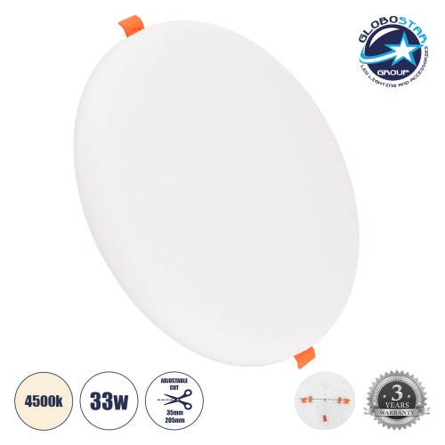 GLOBOSTAR® PANELEON 60192 Χωνευτό Panel Οροφής με Σύστημα Ρυθμιζόμενης Τρύπας Κοπής LED 33W 3492lm 180° AC 220-240V IP20 Φυσικό Λευκό 4500K - Lumileds SMD Chip & TÜV SÜD Driver - Λευκό Γαλακτερό - Μ22.2 x Π22.2 x Υ2cm / Q3.5cm έως Q20.5cm - 3 Χρόνια Ε