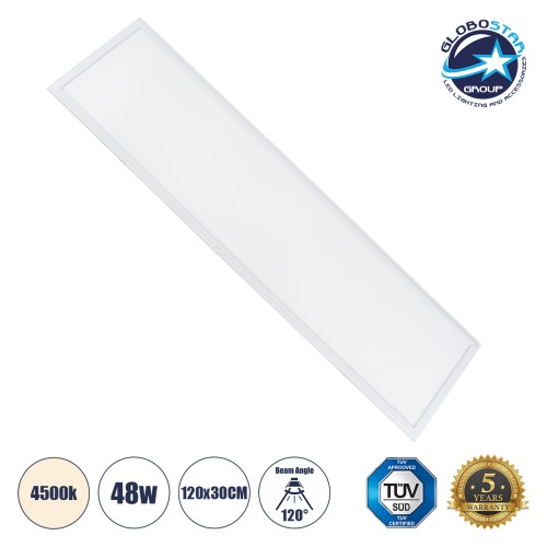 GLOBOSTAR® PANELETI 60213 Χωνευτό Panel Οροφής 120x30 LED 48W 4560lm 120° UGR<19 AC 220-240V IP20 Φυσικό Λευκό 4500K - Lumileds SMD Chip & TÜV SÜD Driver - Λευκό Γαλακτερό - Μ120 x Π30 x Υ1.5cm / Q116 x 26cm - 5 Χρόνια Εγγύηση