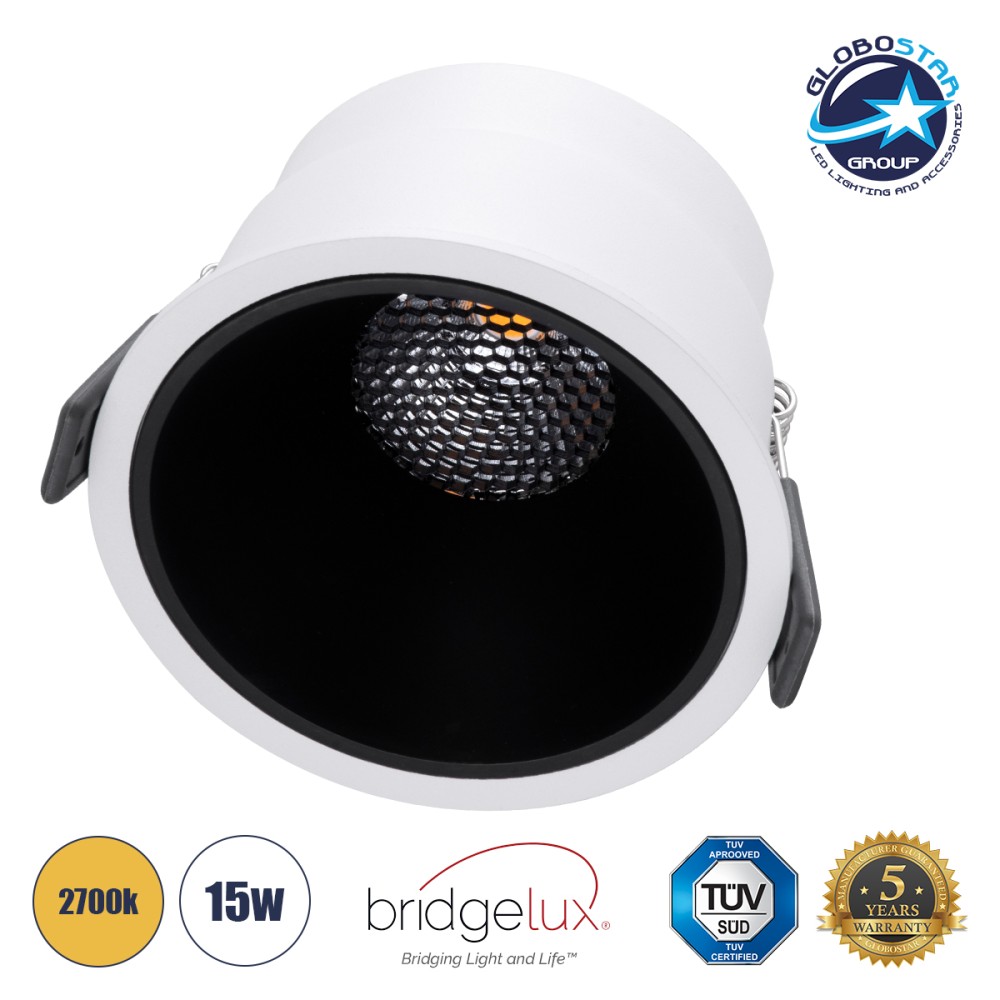 GLOBOSTAR® PLUTO-B 60259 Χωνευτό Downlight Σποτ με Honeycomb Anti Glare Reflector LED 15W 1875lm 38° AC 220-240V IP20 Θερμό Λευκό 2700K - Bridgelux COB Chip & TÜV SÜD Driver - Λευκό & Μαύρο Ματ - Μ10.4 x Π10.4 x Υ6.5cm / Q9.5cm - 5 Χρόνια Εγγύηση