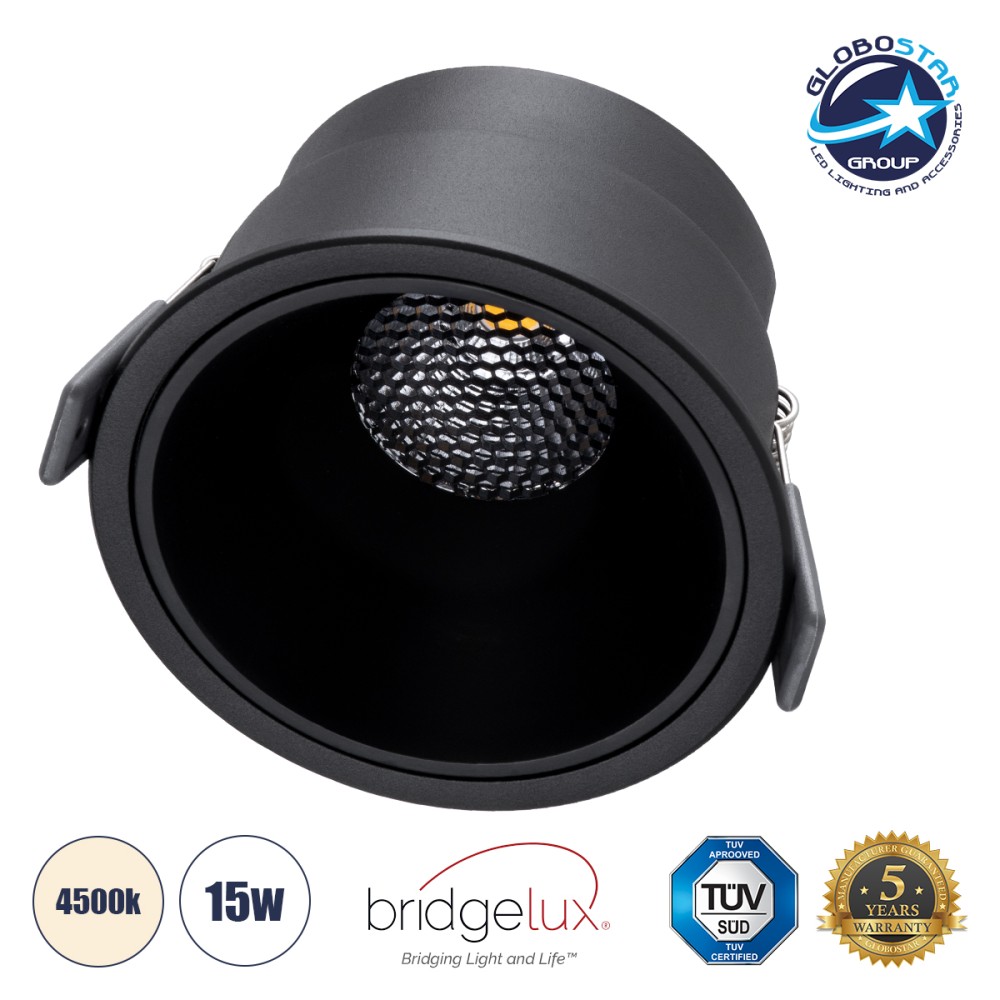 GLOBOSTAR® PLUTO-B 60262 Χωνευτό Downlight Σποτ με Honeycomb Anti Glare Reflector LED 15W 1950lm 38° AC 220-240V IP20 Φυσικό Λευκό 4500K - Bridgelux COB Chip & TÜV SÜD Driver - Μαύρο Ματ - Μ10.4 x Π10.4 x Υ6.5cm / Q9.5cm - 5 Χρόνια Εγγύηση