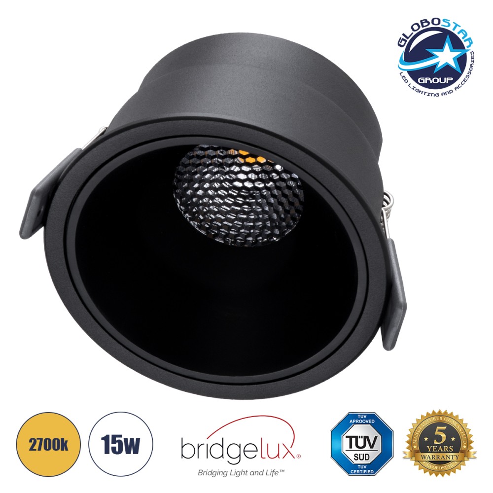 GLOBOSTAR® PLUTO-B 60263 Χωνευτό Downlight Σποτ με Honeycomb Anti Glare Reflector LED 15W 1875lm 38° AC 220-240V IP20 Θερμό Λευκό 2700K - Bridgelux COB Chip & TÜV SÜD Driver - Μαύρο Ματ - Μ10.4 x Π10.4 x Υ6.5cm / Q9.5cm - 5 Χρόνια Εγγύηση