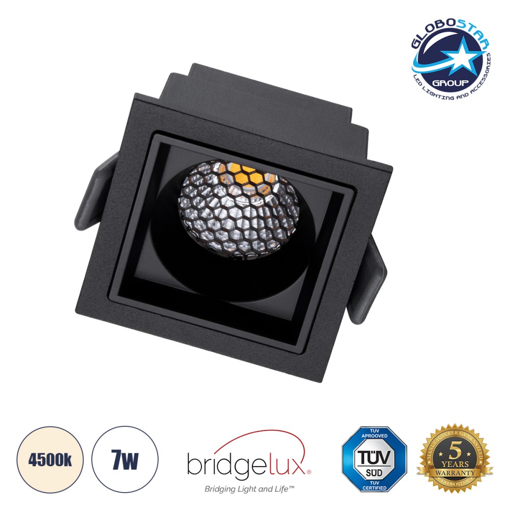 GLOBOSTAR® PLUTO-S 60268 Χωνευτό Downlight Σποτ με Honeycomb Anti Glare Reflector LED 7W 910lm 38° AC 220-240V IP20 Φυσικό Λευκό 4500K - Bridgelux COB Chip & TÜV SÜD Driver - Μαύρο Ματ - Μ6.4 x Π6.4 x Υ4.9cm / Q5.5 x 5.5cm - 5 Χρόνια Εγγύηση