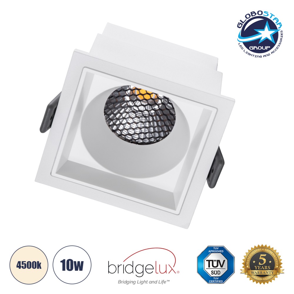 GLOBOSTAR® PLUTO-M 60272 Χωνευτό Downlight Φωτιστικό Σποτ με Honeycomb Anti Glare Reflector LED 10W 1300lm 38° AC 220-240V IP20 Φυσικό Λευκό 4500K - Bridgelux COB Chip & TÜV SÜD Driver - Λευκό Ματ - Μ8.4 x Π8.4 x Υ5.9cm / Q7.5 x 7.5cm - 5 Χρόνια Εγγύη