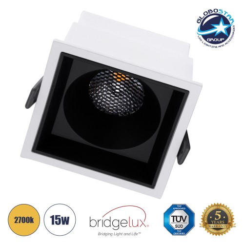 GLOBOSTAR® PLUTO-B 60277 Χωνευτό Downlight Σποτ με Honeycomb Anti Glare Reflector LED 15W 1875lm 38° AC 220-240V IP20 Θερμό Λευκό 2700K - Bridgelux COB Chip & TÜV SÜD Driver - Λευκό & Μαύρο Ματ - Μ10.4 x Π10.4 x Υ6.5cm / Q9.5 x 9.5cm - 5 Χρόνια Εγ