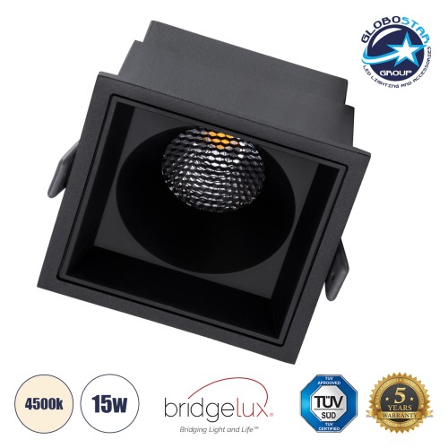 GLOBOSTAR® PLUTO-B 60280 Χωνευτό Downlight Σποτ με Honeycomb Anti Glare Reflector LED 15W 1950lm 38° AC 220-240V IP20 Φυσικό Λευκό 4500K - Bridgelux COB Chip & TÜV SÜD Driver - Μαύρο Ματ - Μ10.4 x Π10.4 x Υ6.5cm / Q9.5 x 9.5cm - 5 Χρόνια Εγγύηση