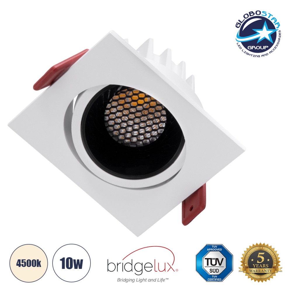 GLOBOSTAR® LEO-SQ 60288 Χωνευτό Κινούμενο Downlight Σποτ με Honeycomb Anti Glare Reflector LED 10W 1300lm 38° AC 220-240V IP20 Φυσικό Λευκό 4500K - Bridgelux COB Chip & TÜV SÜD Driver - Λευκό & Μαύρο Ματ - Μ8.5 x Π8.5 x Υ6.6cm / Q7.5 x 7.5cm - 5 Χ