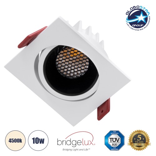 GLOBOSTAR® LEO-SQ 60288 Χωνευτό Κινούμενο Downlight Σποτ με Honeycomb Anti Glare Reflector LED 10W 1300lm 38° AC 220-240V IP20 Φυσικό Λευκό 4500K - Bridgelux COB Chip & TÜV SÜD Driver - Λευκό & Μαύρο Ματ - Μ8.5 x Π8.5 x Υ6.6cm / Q7.5 x 7.5cm - 5 Χ