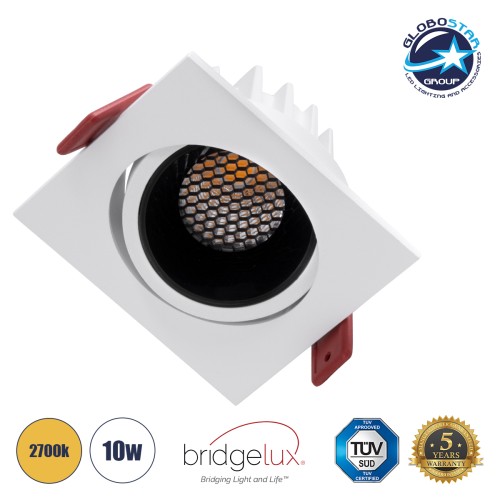 GLOBOSTAR® LEO-SQ 60289 Χωνευτό Κινούμενο Downlight Σποτ με Honeycomb Anti Glare Reflector LED 10W 1250lm 38° AC 220-240V IP20 Θερμό Λευκό 2700K - Bridgelux COB Chip & TÜV SÜD Driver - Λευκό & Μαύρο Ματ - Μ8.5 x Π8.5 x Υ6.6cm / Q7.5 x 7.5cm - 5 Χρ