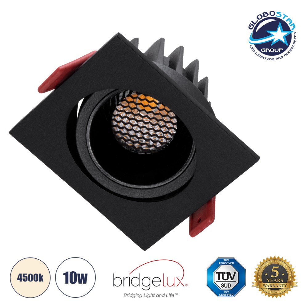 GLOBOSTAR® LEO-SQ 60292 Χωνευτό Κινούμενο Downlight Σποτ με Honeycomb Anti Glare Reflector LED 10W 1300lm 38° AC 220-240V IP20 Φυσικό Λευκό 4500K - Bridgelux COB Chip & TÜV SÜD Driver - Μαύρο Ματ - Μ8.5 x Π8.5 x Υ6.6cm / Q7.5 x 7.5cm - 5 Χρόνια Εγγύησ