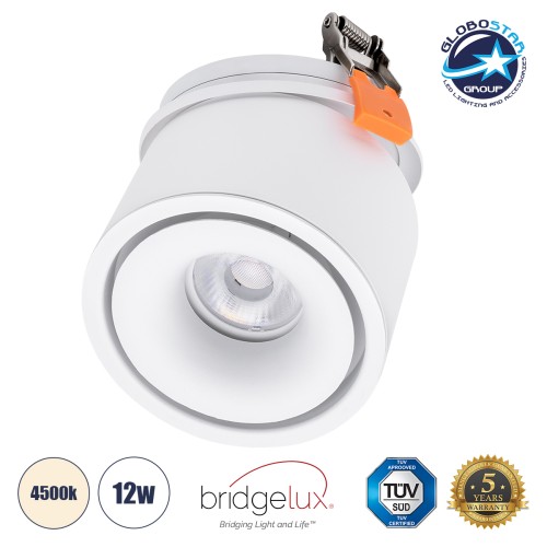 GLOBOSTAR® OMEGA-R 60294 Χωνευτό Κινούμενο Downlight Σποτ LED 12W 1560lm 36° AC 220-240V IP20 Φυσικό Λευκό 4500K - Bridgelux COB Chip & TÜV SÜD Driver - Λευκό Ματ - Μ10 x Π10 x Υ8.2cm / Q9cm - 5 Χρόνια Εγγύηση