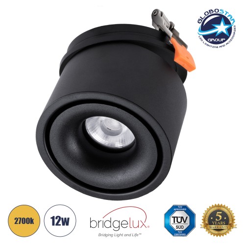 GLOBOSTAR® OMEGA-R 60297 Χωνευτό Κινούμενο Downlight Σποτ LED 12W 1500lm 36° AC 220-240V IP20 Θερμό Λευκό 2700K - Bridgelux COB Chip & TÜV SÜD Driver - Μαύρο Ματ - Μ10 x Π10 x Υ8.2cm / Q9cm - 5 Χρόνια Εγγύηση