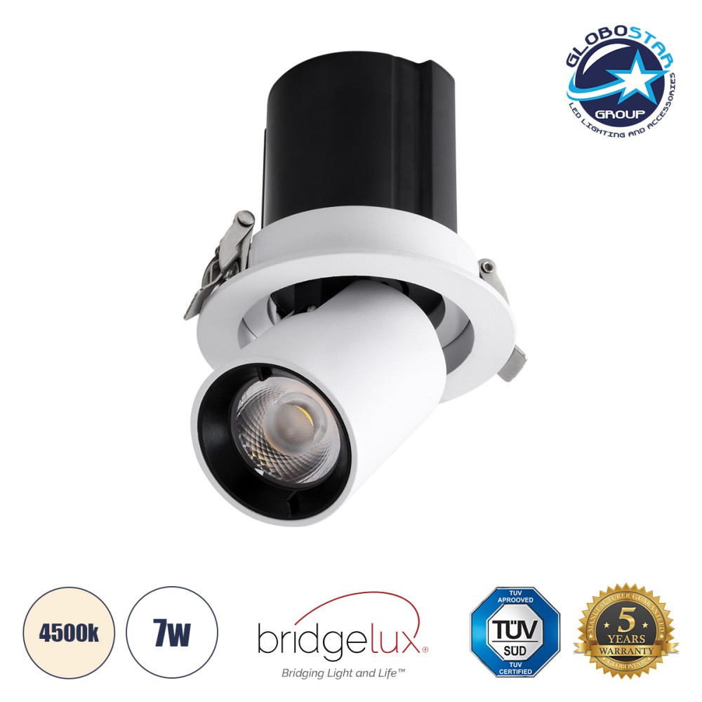 GLOBOSTAR® VIRGO-S 60302 Χωνευτό Κινούμενο Downlight Σποτ LED 7W 910lm 36° AC 220-240V IP20 Φυσικό Λευκό 4500K - Bridgelux COB Chip & TÜV SÜD Driver - Λευκό & Μαύρο Ματ - Μ9 x Π9 x Υ9cm / Q7.8cm - 5 Χρόνια Εγγύηση