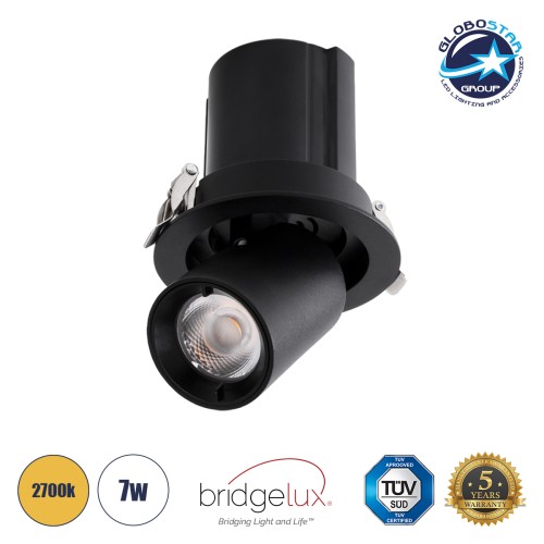 GLOBOSTAR® VIRGO-S 60305 Χωνευτό Κινούμενο Downlight Σποτ LED 7W 875lm 36° AC 220-240V IP20 Θερμό Λευκό 2700K - Bridgelux COB Chip & TÜV SÜD Driver - Μαύρο Ματ - Μ9 x Π9 x Υ9cm / Q7.8cm - 5 Χρόνια Εγγύηση