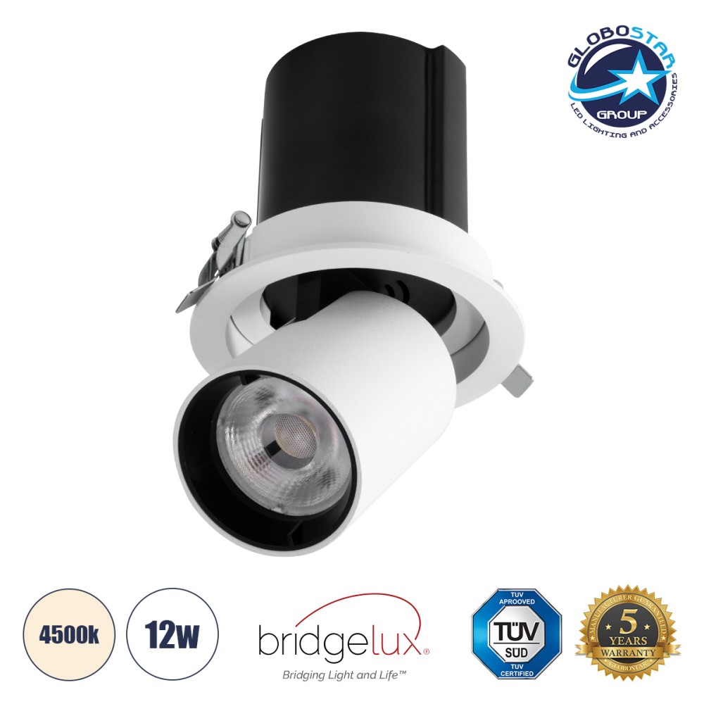 GLOBOSTAR® VIRGO-M 60306 Χωνευτό Κινούμενο Downlight Σποτ LED 12W 1560lm 36° AC 220-240V IP20 Φυσικό Λευκό 4500K - Bridgelux COB Chip & TÜV SÜD Driver - Λευκό & Μαύρο Ματ - Μ11 x Π11 x Υ11.5cm / Q9.5cm - 5 Χρόνια Εγγύηση