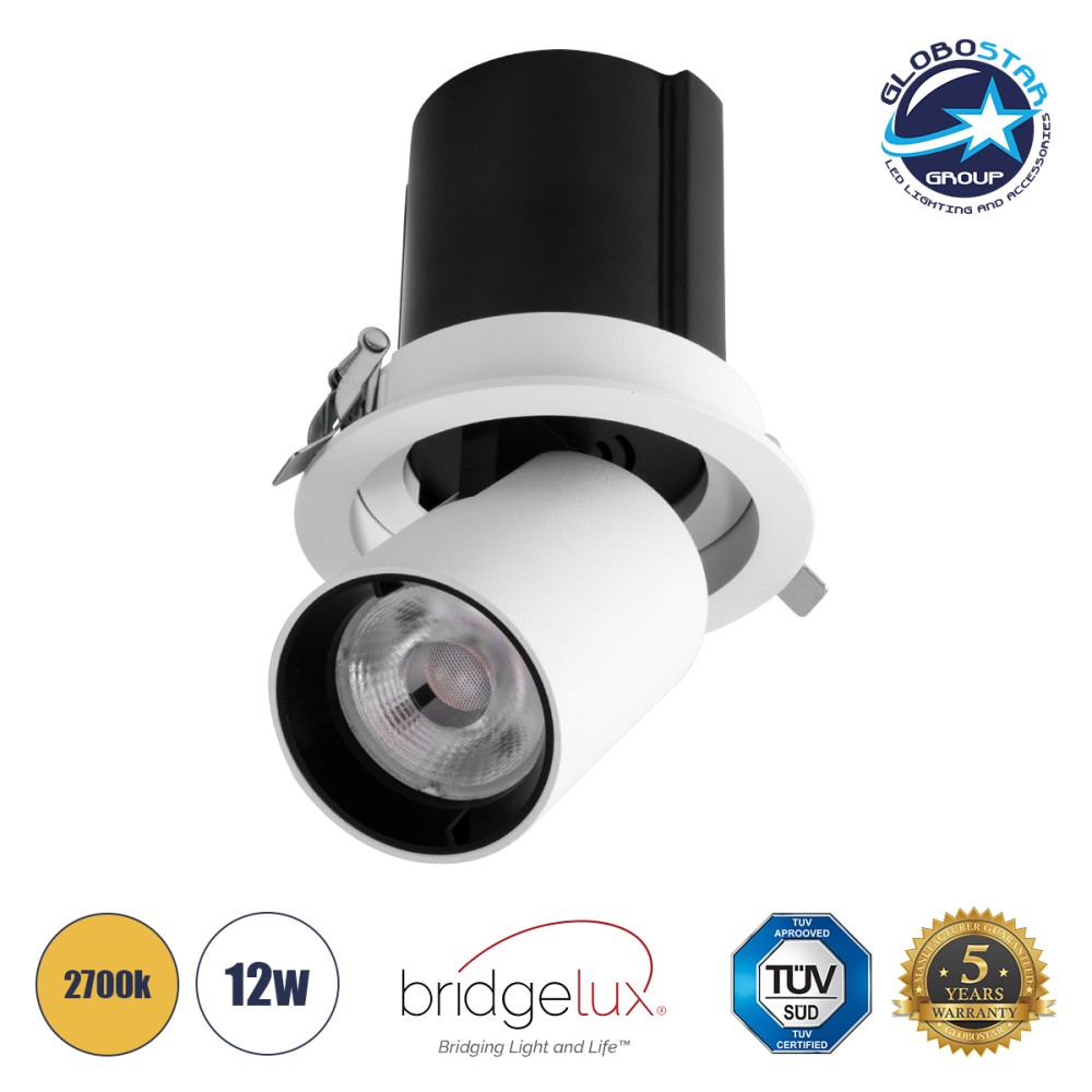 GLOBOSTAR® VIRGO-M 60307 Χωνευτό Κινούμενο Downlight Σποτ LED 12W 1500lm 36° AC 220-240V IP20 Θερμό Λευκό 2700K - Bridgelux COB Chip & TÜV SÜD Driver - Λευκό & Μαύρο Ματ - Μ11 x Π11 x Υ11.5cm / Q9.5cm - 5 Χρόνια Εγγύηση