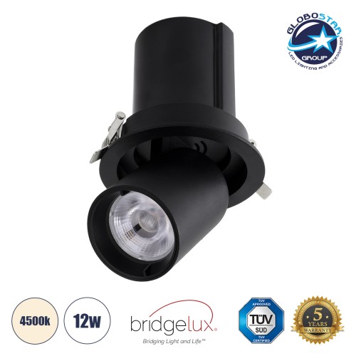 GLOBOSTAR® VIRGO-M 60308 Χωνευτό Κινούμενο Downlight Σποτ LED 12W 1560lm 36° AC 220-240V IP20 Φυσικό Λευκό 4500K - Bridgelux COB Chip & TÜV SÜD Driver - Μαύρο Ματ - Μ11 x Π11 x Υ11.5cm / Q9.5cm - 5 Χρόνια Εγγύηση
