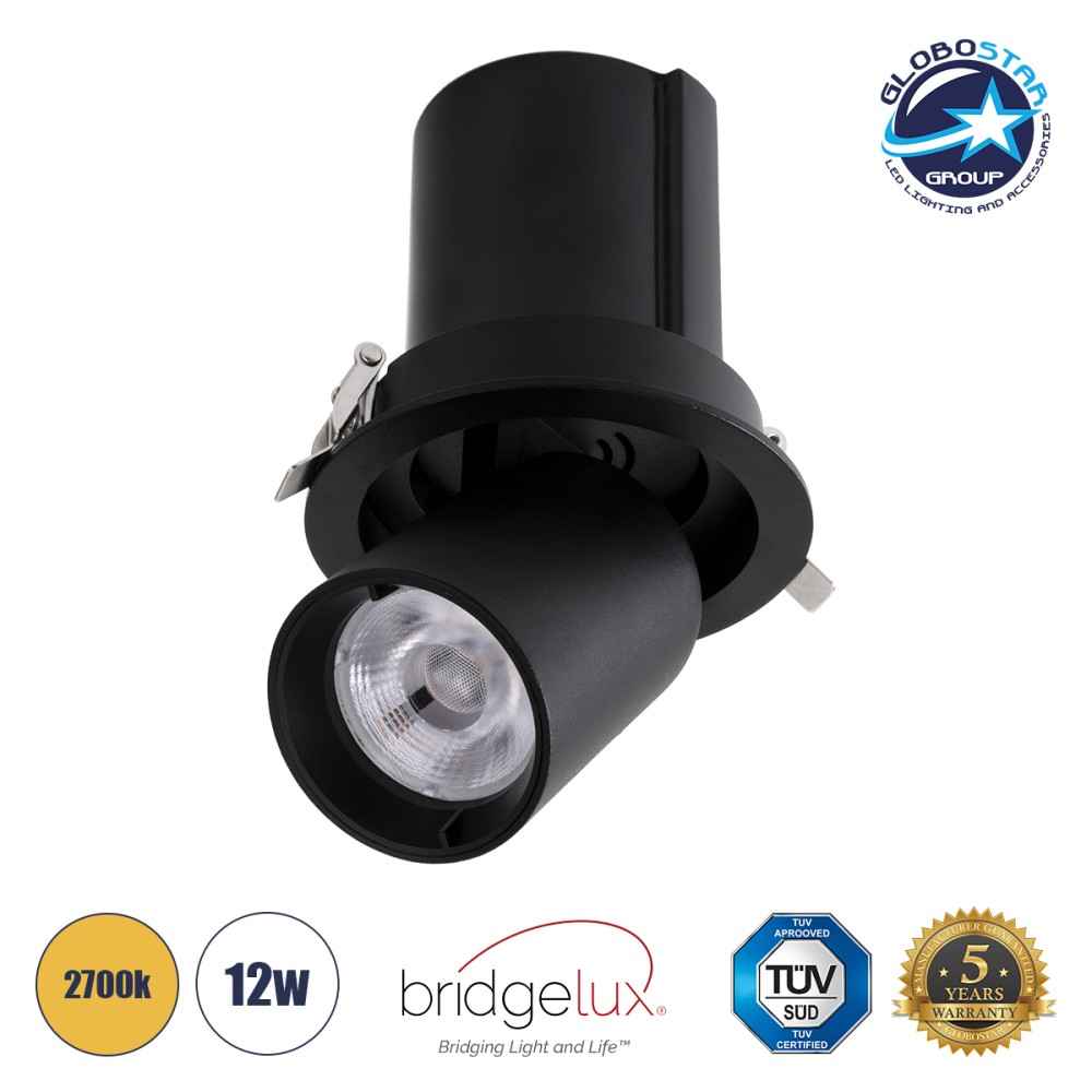 GLOBOSTAR® VIRGO-M 60309 Χωνευτό Κινούμενο Downlight Σποτ LED 12W 1500lm 36° AC 220-240V IP20 Θερμό Λευκό 2700K - Bridgelux COB Chip & TÜV SÜD Driver - Μαύρο Ματ - Μ11 x Π11 x Υ11.5cm / Q9.5cm - 5 Χρόνια Εγγύηση