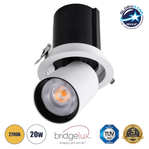 GLOBOSTAR® VIRGO-B 60311 Χωνευτό Κινούμενο Downlight Σποτ LED 20W 2500lm 36° AC 220-240V IP20 Θερμό Λευκό 2700K - Bridgelux COB Chip & TÜV SÜD Driver - Λευκό & Μαύρο Ματ - Μ13.5 x Π13.5 x Υ14cm / Q11.5cm - 5 Χρόνια Εγγύηση