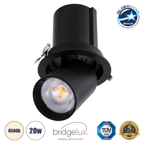 GLOBOSTAR® VIRGO-B 60312 Χωνευτό Κινούμενο Downlight Σποτ LED 20W 2600lm 36° AC 220-240V IP20 Φυσικό Λευκό 4500K - Bridgelux COB Chip & TÜV SÜD Driver - Μαύρο Ματ - Μ13.5 x Π13.5 x Υ14cm / Q11.5cm - 5 Χρόνια Εγγύηση