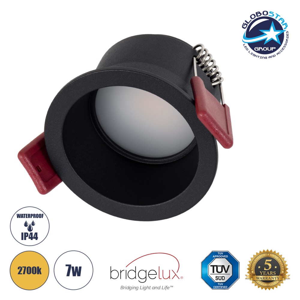 GLOBOSTAR® IP 60343 Χωνευτό Downlight Σποτ Μπάνιου  LED 7W 700lm 45° AC 220-240V Αδιάβροχο IP44 Θερμό Λευκό 2700K - Lumileds SMD Chip & TÜV SÜD Driver - Μαύρο Ματ - Μ6.6 x Π6.6 x Υ5.3cm / Q5.5cm - 5 Χρόνια Εγγύηση