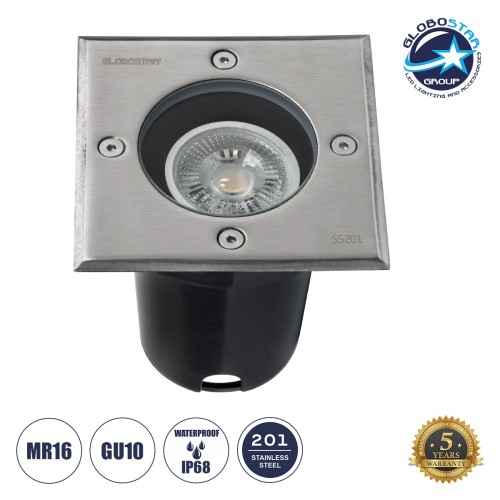 GLOBOSTAR® GIGO 60362 Χωνευτό Φωτιστικό Δαπέδου Σποτ για Λάμπα MR16 με Ντουί 1 x GU10 AC 220-240V Αδιάβροχο IP68 IK09 - Ανοξείδωτο Ατσάλι SS201 - Μ11 x Π11 x Υ11.5cm / Q10.4 x 10.4cm