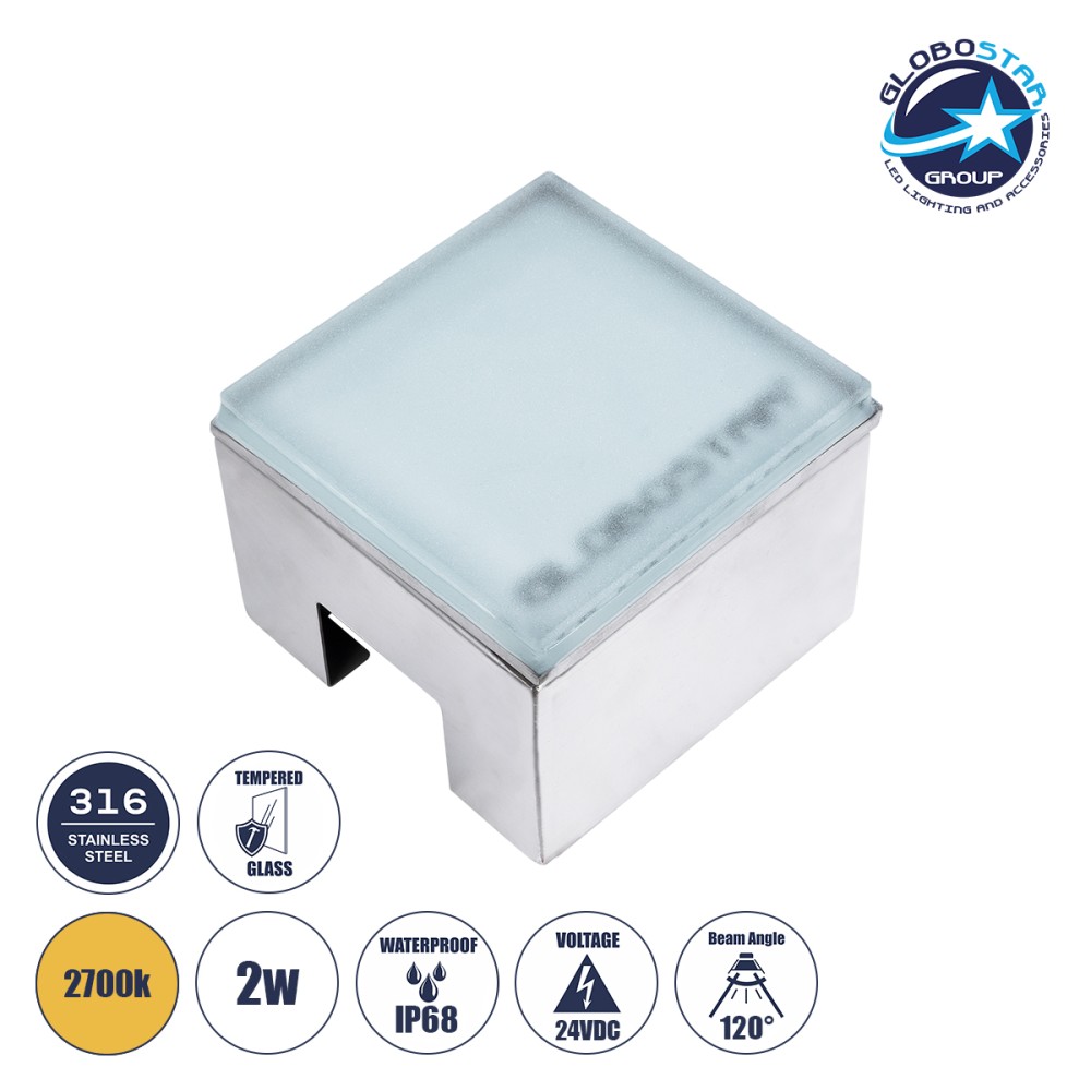 GLOBOSTAR® CYBOLITHOS 60365 Χωνευτό Αρχιτεκτονικο Φωτιστικό Σποτ Δαπέδου LED 2W 220lm 120° DC 24V Αδιάβροχο IP68 IK06 Θερμό Λευκό 2700K Dimmable - Bridgelux SMD Chip - Γαλακτερό Tempered Glass & Ανοξείδωτο Ατσάλι SS316 - Μ10 x Π10x Υ8cm / Q10 x 10cm -