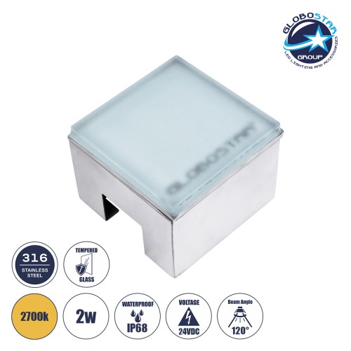 GLOBOSTAR® CYBOLITHOS 60365 Χωνευτό Αρχιτεκτονικο Φωτιστικό Σποτ Δαπέδου LED 2W 220lm 120° DC 24V Αδιάβροχο IP68 IK06 Θερμό Λευκό 2700K Dimmable - Bridgelux SMD Chip - Γαλακτερό Tempered Glass & Ανοξείδωτο Ατσάλι SS316 - Μ10 x Π10x Υ8cm / Q10 x 10cm -