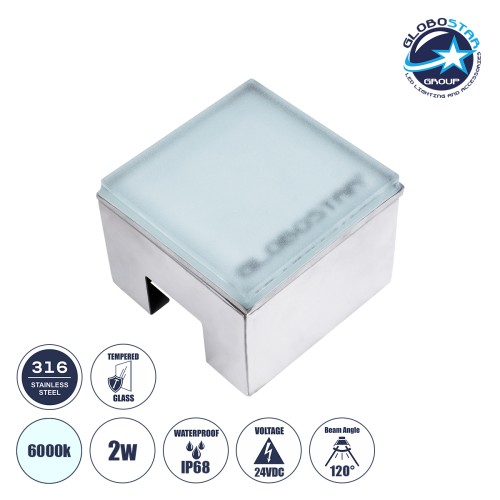 GLOBOSTAR® CYBOLITHOS 60366 Χωνευτό Αρχιτεκτονικο Φωτιστικό Σποτ Δαπέδου LED 2W 240lm 120° DC 24V Αδιάβροχο IP68 IK06 Ψυχρό Λευκό 6000K Dimmable - Bridgelux SMD Chip - Γαλακτερό Tempered Glass & Ανοξείδωτο Ατσάλι SS316 - Μ10 x Π10x Υ8cm / Q10 x 10cm -